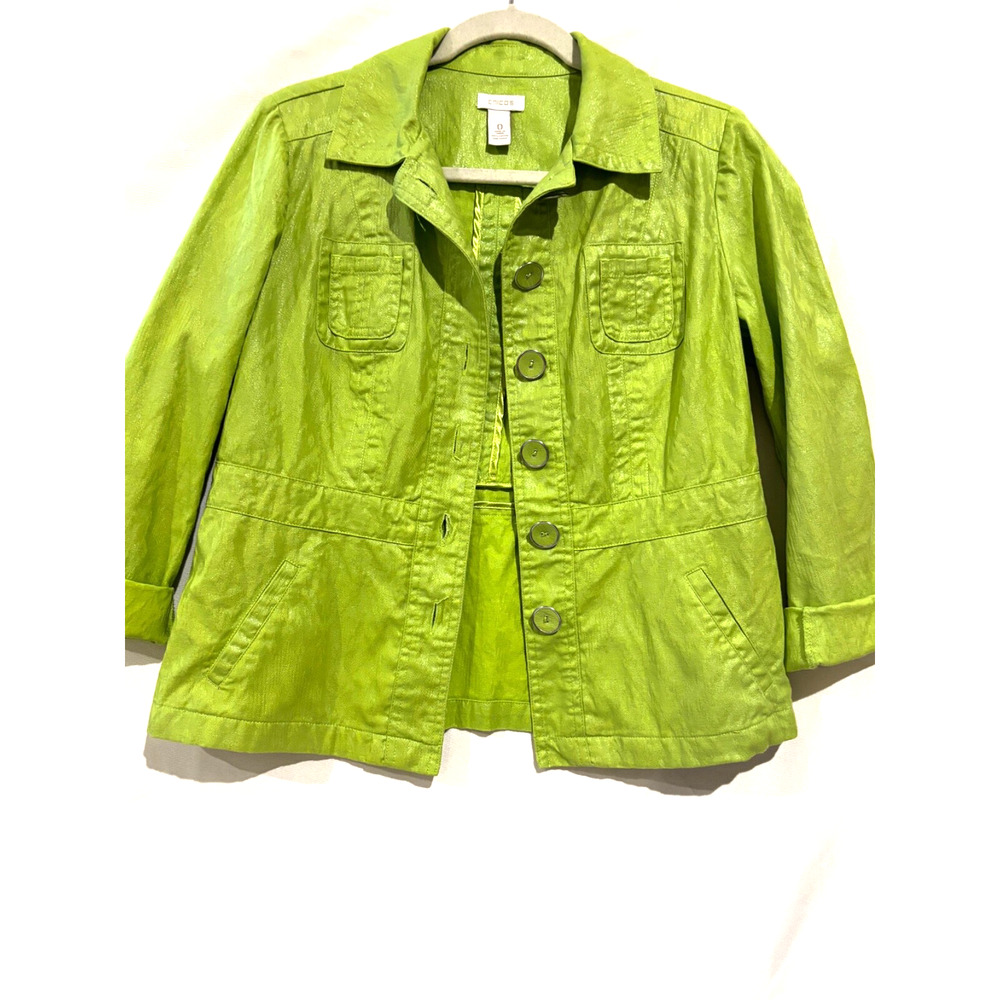 Chico'a‎ Chartreuse green Cotton Jacquard blazer Jacket Sz 0 S bold statement